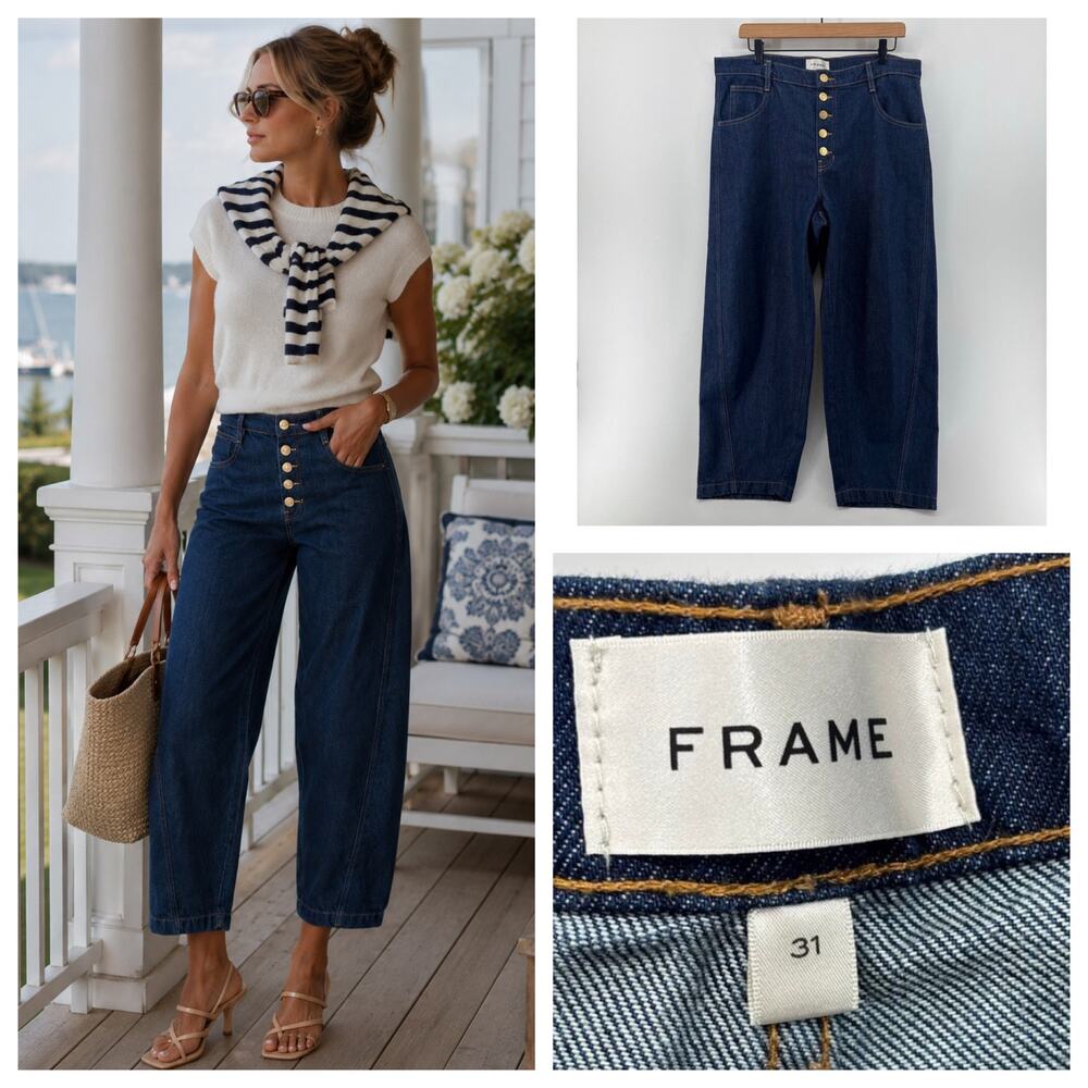 Frame Denim Crop Barrel Jean Exposed Button Fly 31 x 27 Coastal Old Money Preppy
